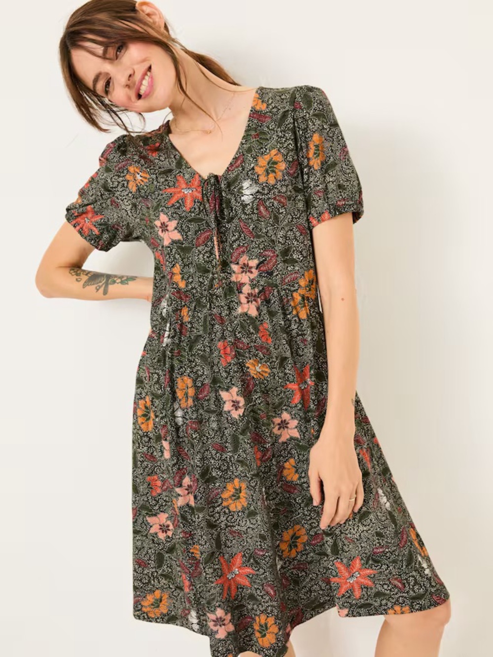 NWT Fat Face Olive Floral Tie-Front Midi Dress